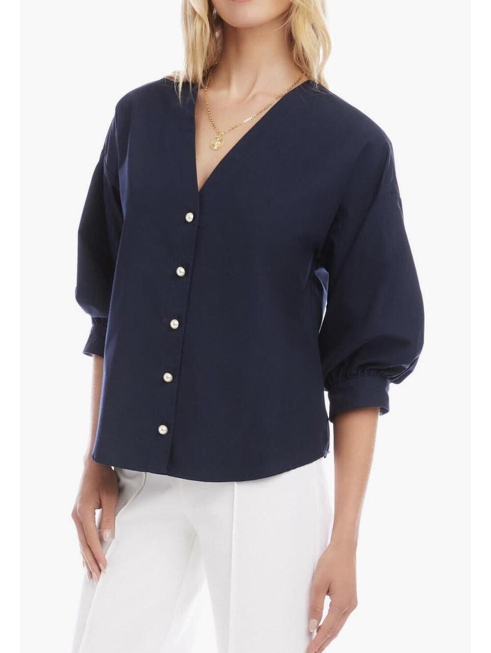 Karen Kane Navy V-Neck Button Front Puff Sleeve Blouse Size L